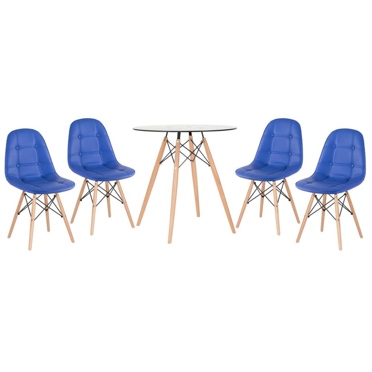 Kit - Mesa de vidro Eames 70 cm + 4 cadeiras estofadas Eiffel Botonê azul