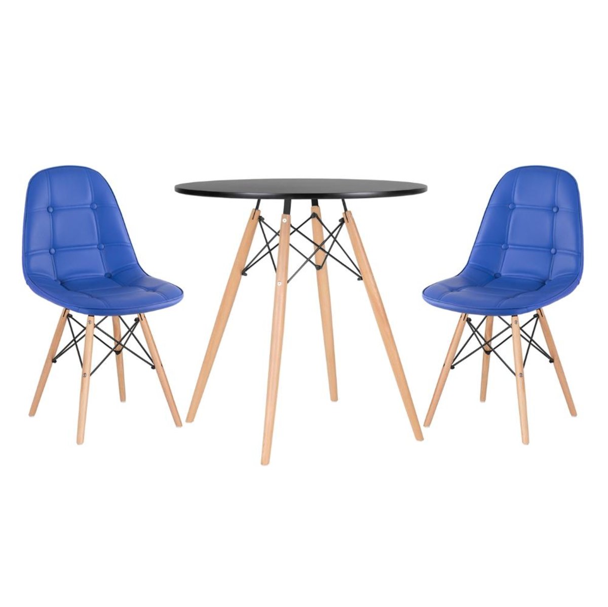 Kit - Mesa Eames 70 cm preto + 2 cadeiras estofadas Botonê azul