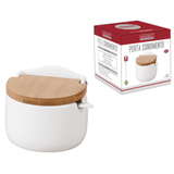 Saleiro De Cozinha De Porcelana Porta Temperos E Condimentos 300ml Com Tampa De Bambu E Colher