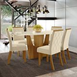 Conjunto Sala de Jantar Mesa e 6 Cadeiras Kaciane Henn Nature/Off White/Linho.