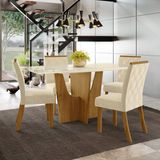 Conjunto Sala de Jantar Mesa e 4 Cadeiras Kaciane Henn Nature/Off White/Linho