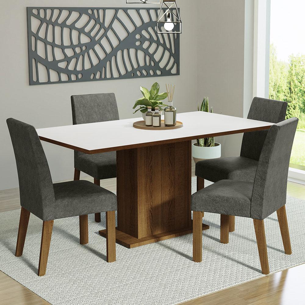 Conjunto Sala De Jantar Mesa Tampo De Madeira 4 Cadeiras Rustic/branco/silver Keila Madesa