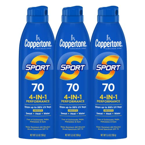 Protetor Solar Spray Coppertone Sport, Amplo Espectro Spf 70 Resistente À Água, 5,5 Oz, Pack Of 3