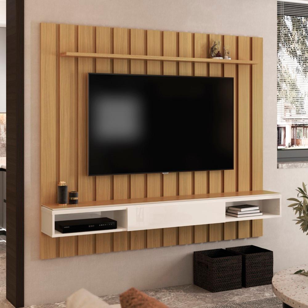 Painel Para Tv Até 75 Polegadas Ripado 1 Prateleira Kyoto 180cm Cor:fendi E Freijó