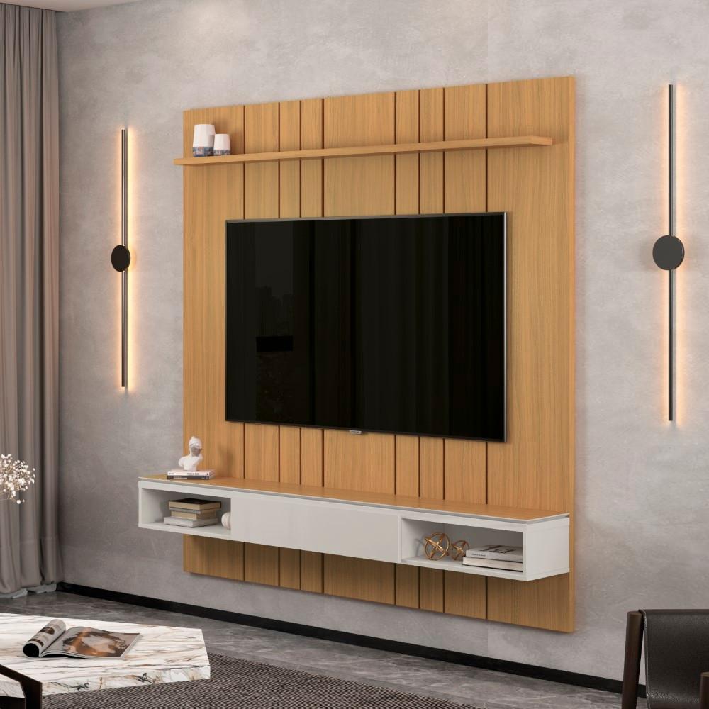 Painel Para Tv Até 75 Polegadas Ripado 1 Prateleira Croácia 180cm Cor:fendi E Freijó