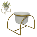 Vaso De Ceramica Redondo  Cachepot Com Suporte De Metal Dourado Geometrico