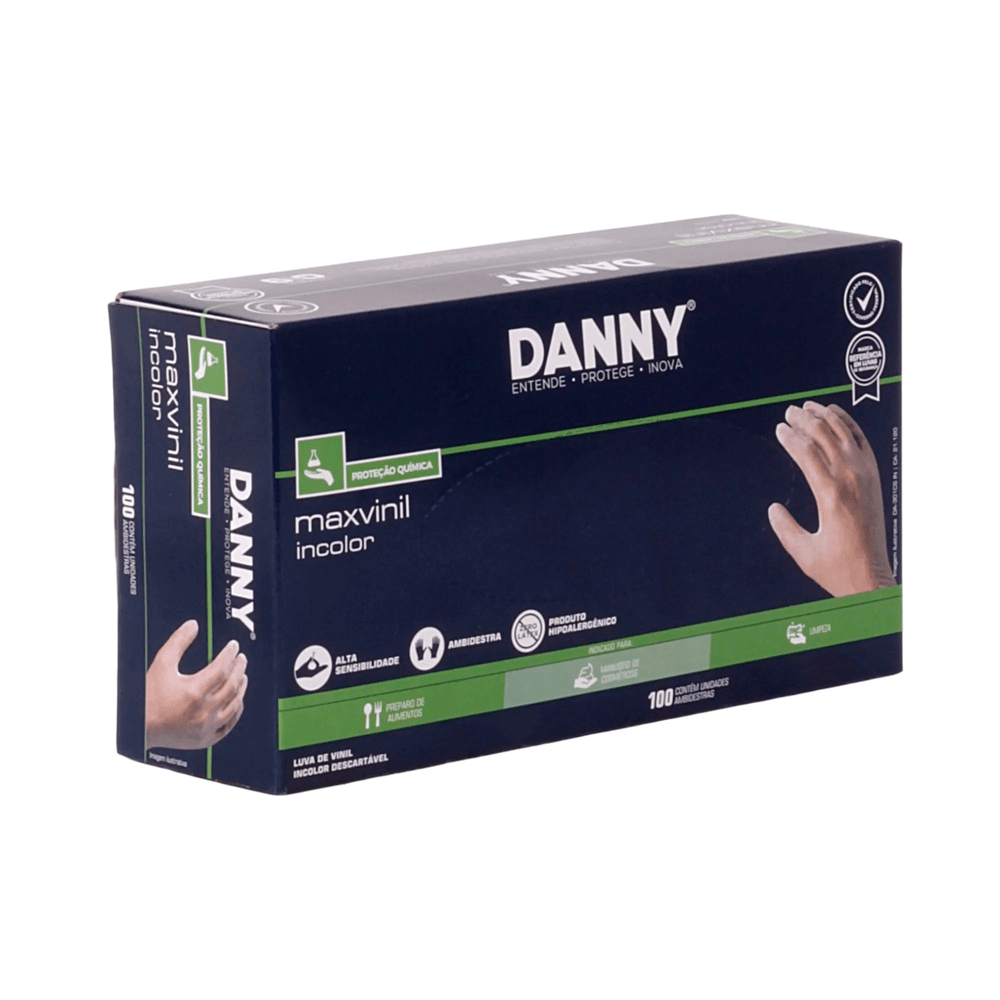 Luva Maxvinil P, M, Xg  Sem Pó Danny Com 100 Unidades Ca 21120 Indicada Para Manuseio De Alimentos, Cosméticos, Estética  E Químicos Danny