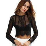 Moda Crop Tops Mulheres Black Lace Zipper Flor Lace Sexy T