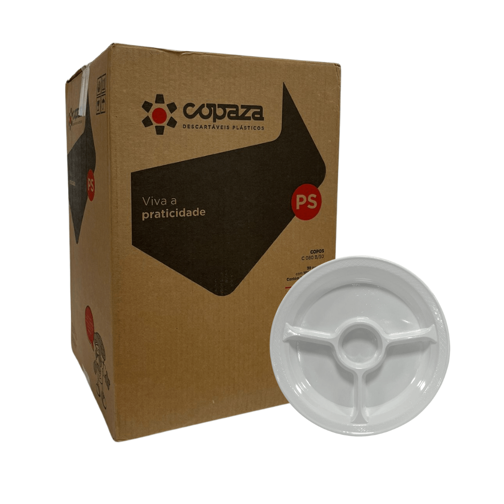 Prato Raso 26cm Branco Para Refeição Com 3 Divisórias Copaza Com 250 Unidades - Ideal Para Servir Petiscos Copaza