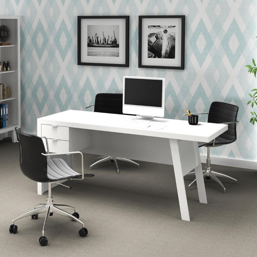 Mesa De Escritório 1,63m Com 2 Gavetas Tecno Mobili Branco/branco