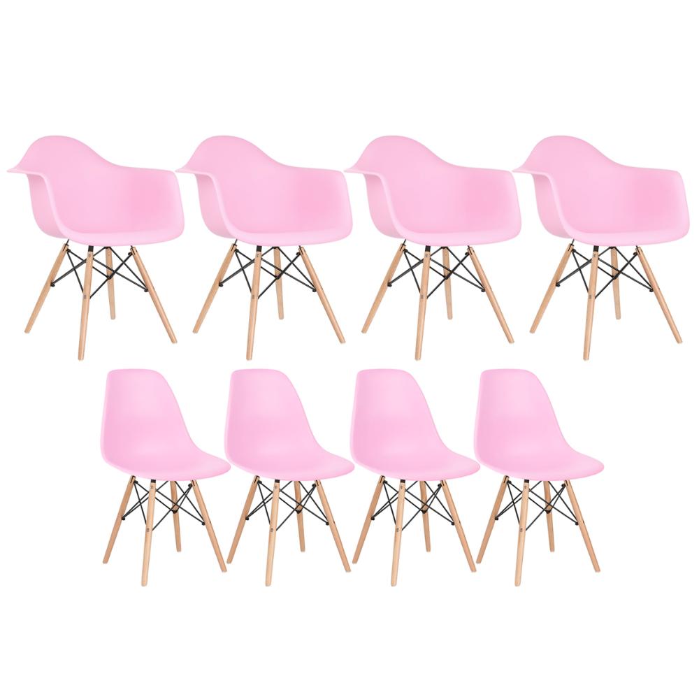 Kit 4 Cadeiras Eames Daw Com Braços + 4 Cadeiras Eiffel Dsw Rosa Claro