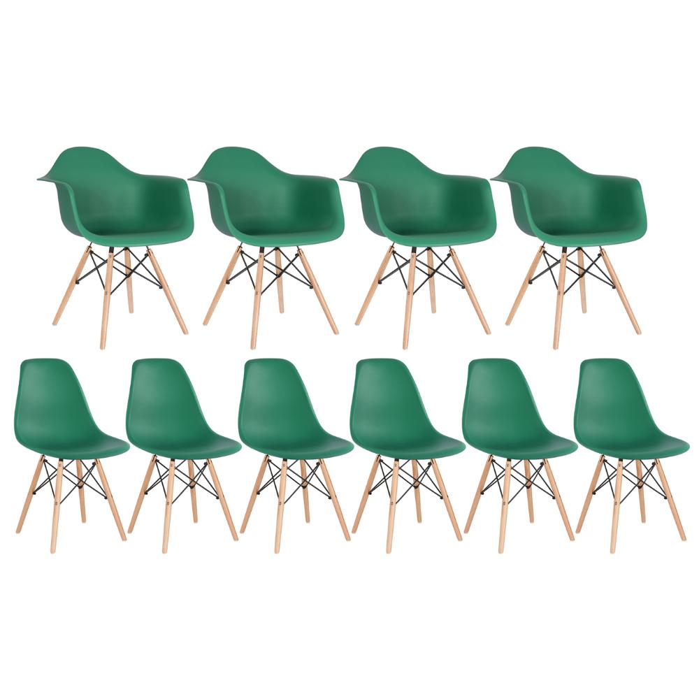 Kit 4 Cadeiras Eames Daw Com Braços + 6 Cadeiras Eiffel Dsw Verde Escuro