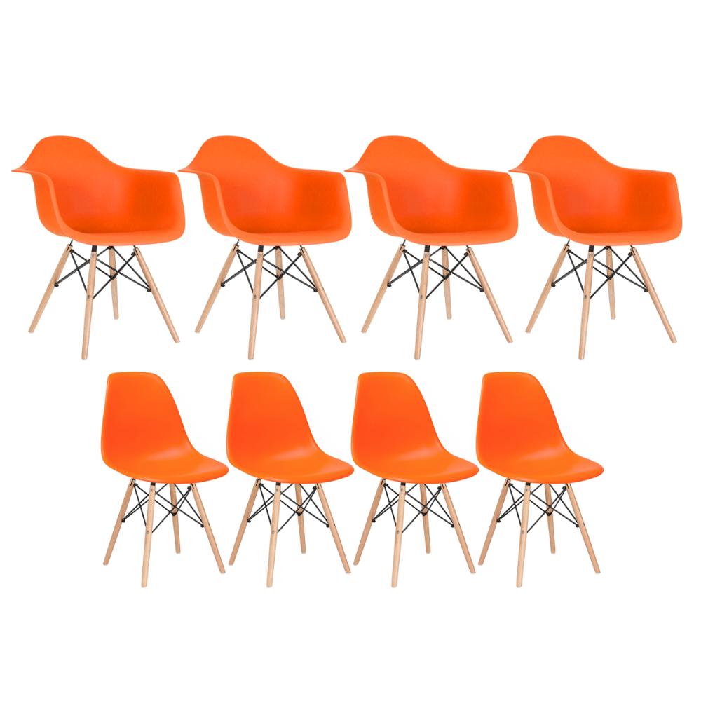 Kit 4 Cadeiras Eames Daw Com Braços + 4 Cadeiras Eiffel Dsw Laranja