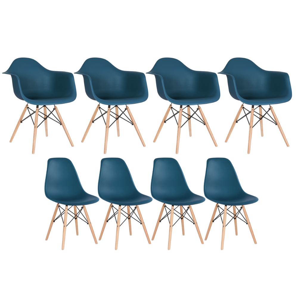 Kit 4 Cadeiras Eames Daw Com Braços + 4 Cadeiras Eiffel Dsw Azul Petróleo