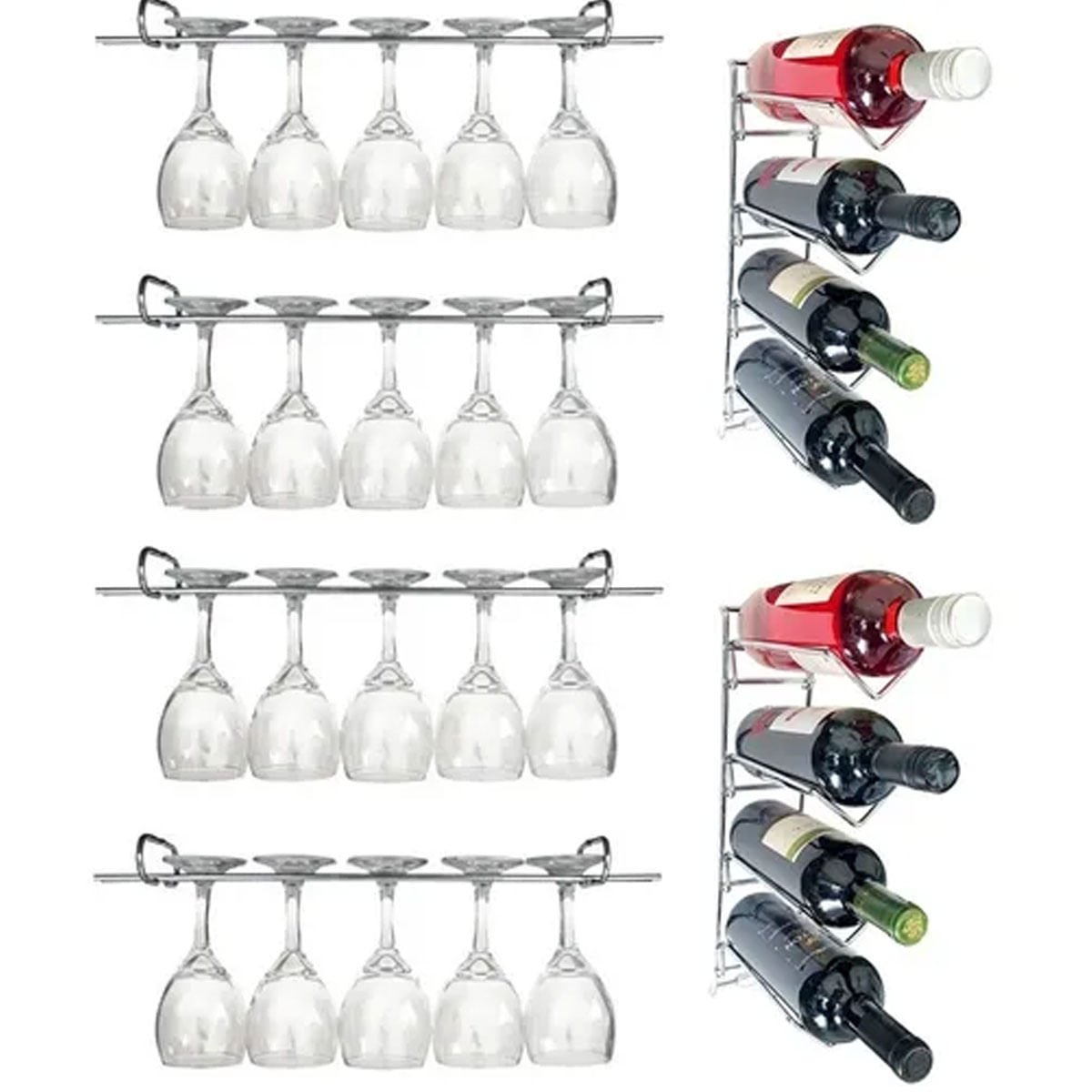 Conjunto De 4 Suportes 25cm Para Taças E 2 Adegas De Parede Para Vinho Duler Aço Cromado