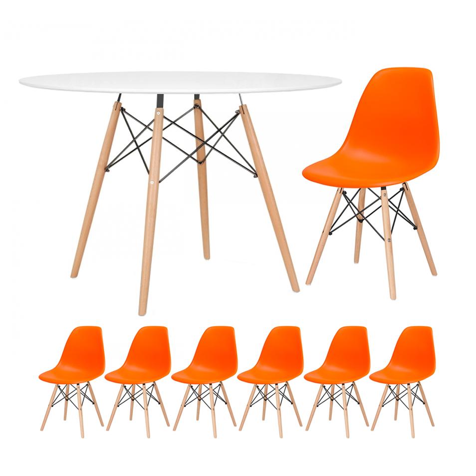 KIT - Mesa redonda Eames 120 cm branco + 6 cadeiras Eiffel DSW laranja