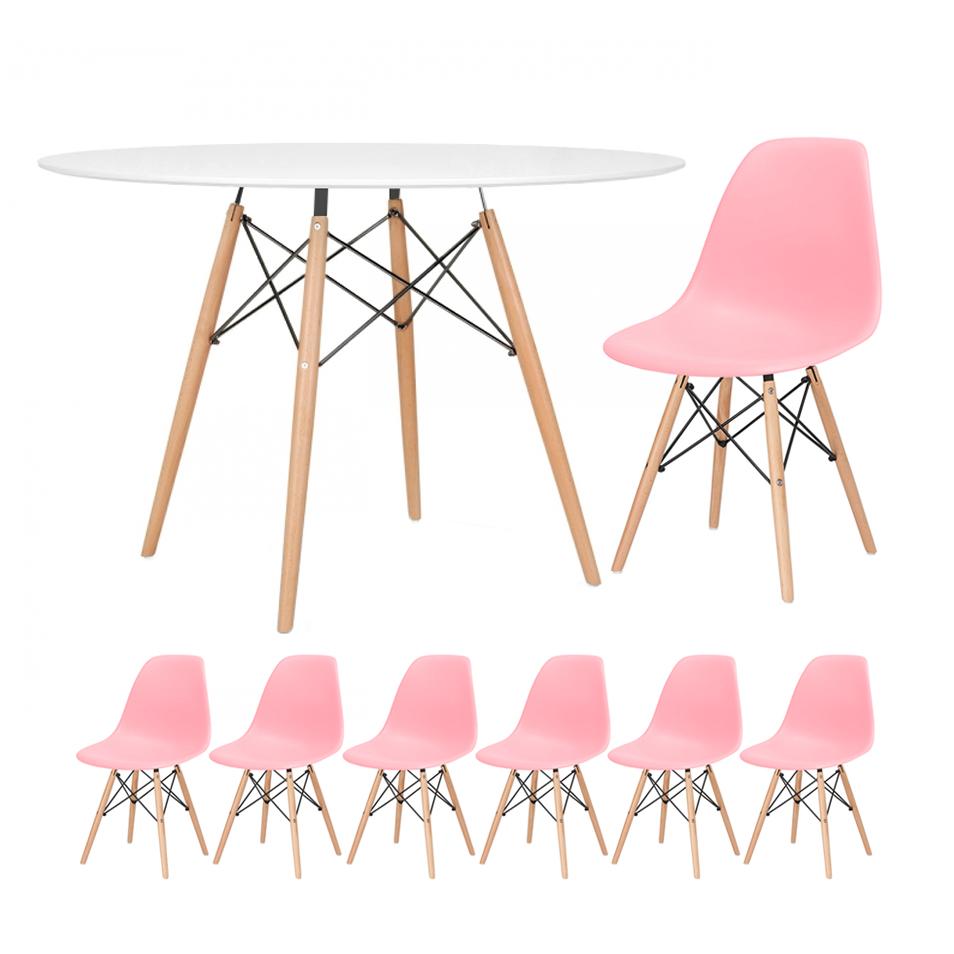 KIT - Mesa redonda Eames 120 cm branco + 6 cadeiras Eiffel DSW rosa claro