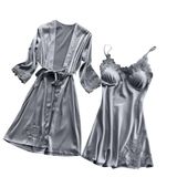 Lingerie Feminina Seda Renda Robe Vestido Babydoll Camisola Pijamas Conjunto Quimono