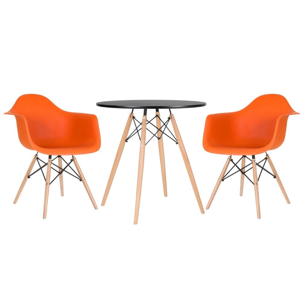 Kit - Mesa Eames 70 cm preto + 2 cadeiras Eiffel DAW com braços laranja