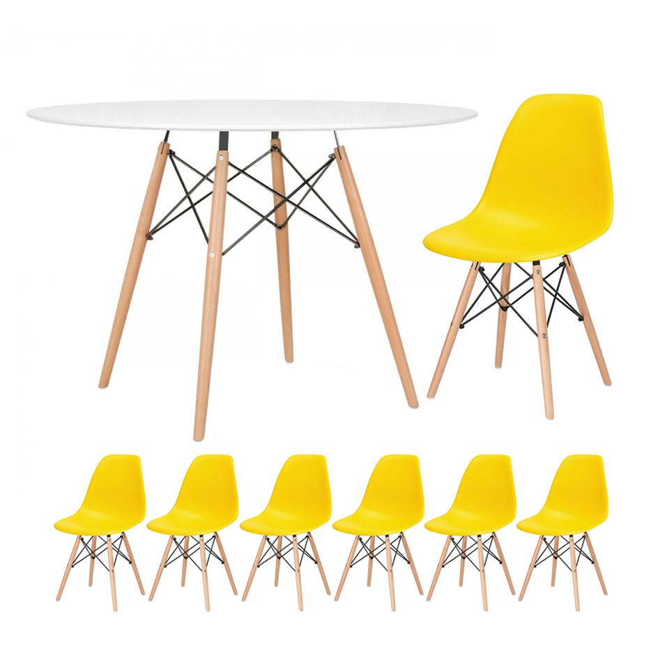 KIT - Mesa redonda Eames 120 cm branco + 6 cadeiras Eiffel DSW amarelo