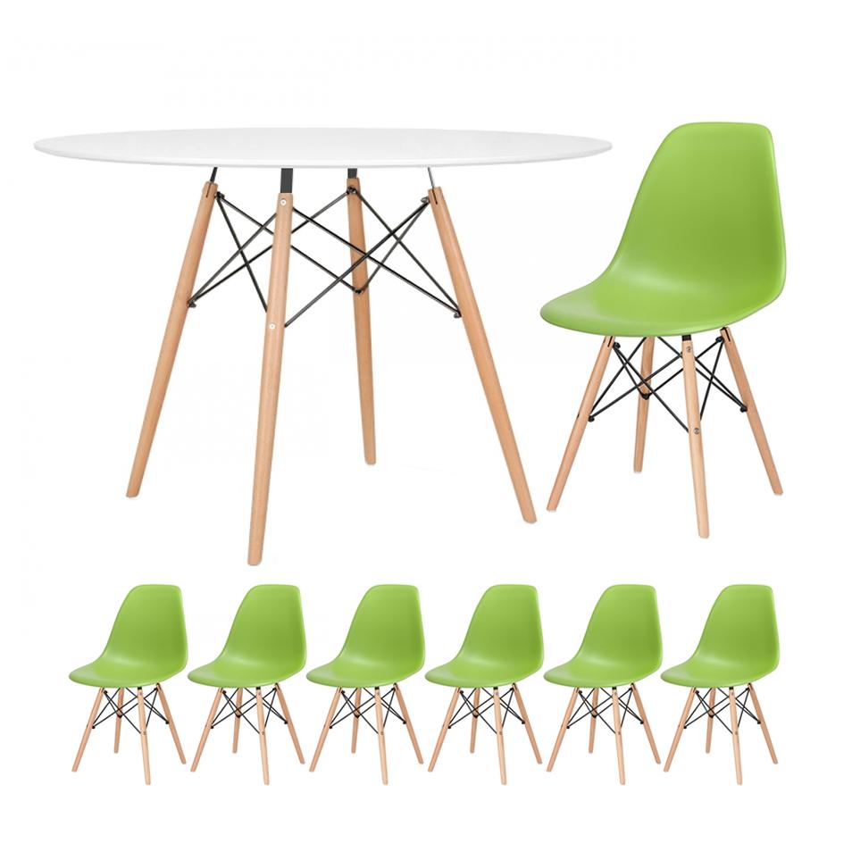 KIT - Mesa redonda Eames 120 cm branco + 6 cadeiras Eiffel DSW verde claro