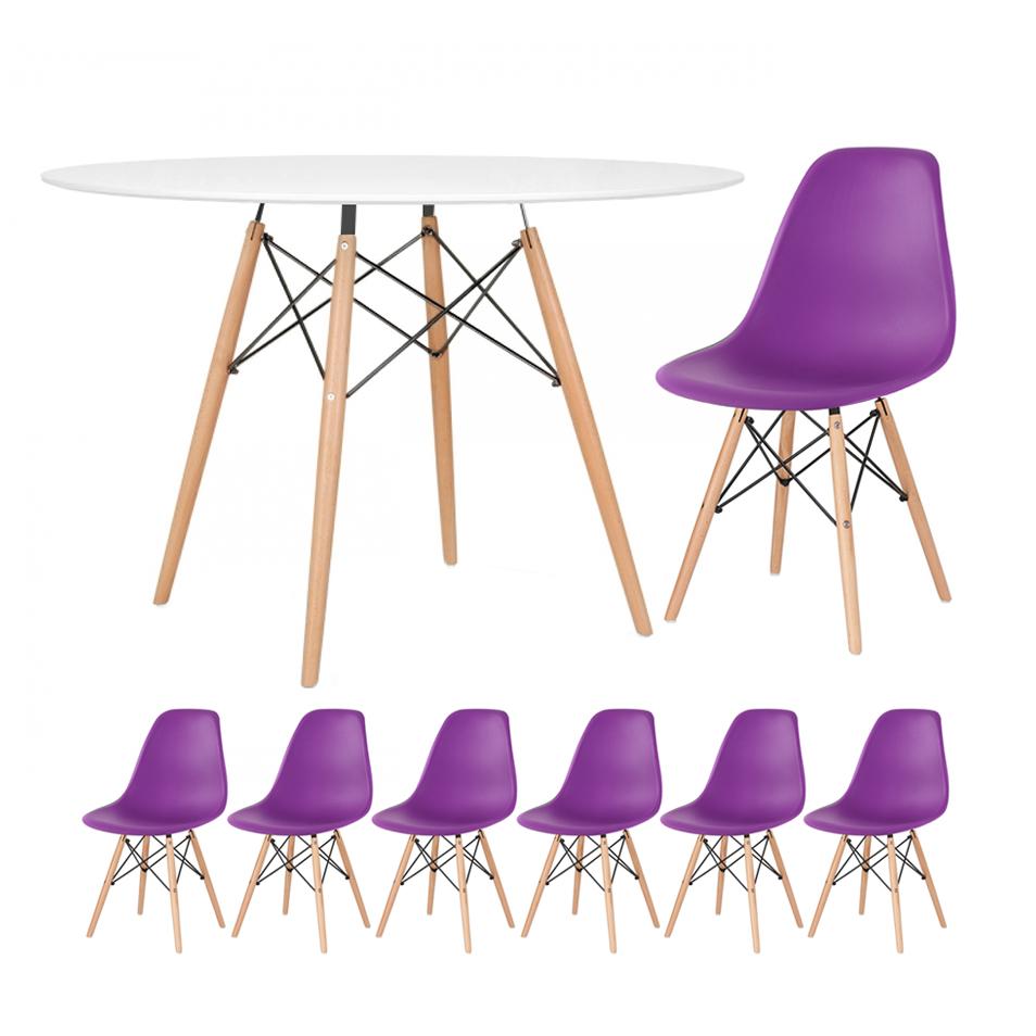 KIT - Mesa redonda Eames 120 cm branco + 6 cadeiras Eiffel DSW roxo