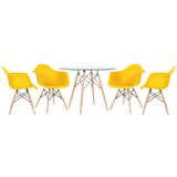 KIT - Mesa de vidro Eames 100 cm + 4 cadeiras Eiffel DAW amarelo