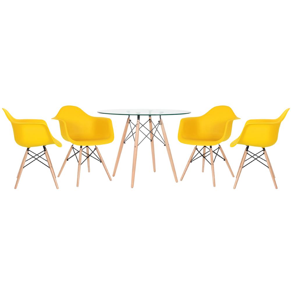 KIT - Mesa de vidro Eames 100 cm + 4 cadeiras Eiffel DAW amarelo