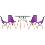 KIT - Mesa de vidro Eames 100 cm + 4 cadeiras Eiffel DSW roxo