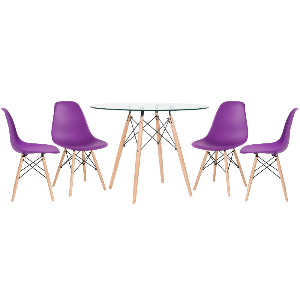 KIT - Mesa de vidro Eames 100 cm + 4 cadeiras Eiffel DSW roxo