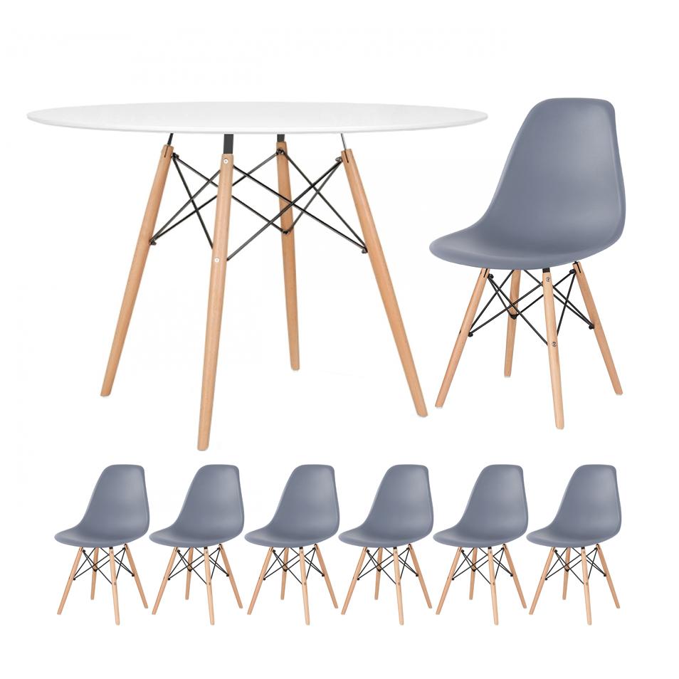 KIT - Mesa redonda Eames 120 cm branco + 6 cadeiras Eiffel DSW cinza escuro