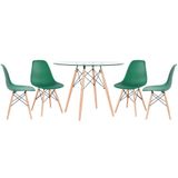 KIT - Mesa de vidro Eames 100 cm + 4 cadeiras Eiffel DSW verde escuro