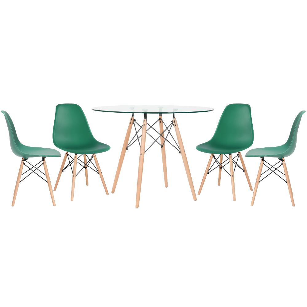 KIT - Mesa de vidro Eames 100 cm + 4 cadeiras Eiffel DSW verde escuro