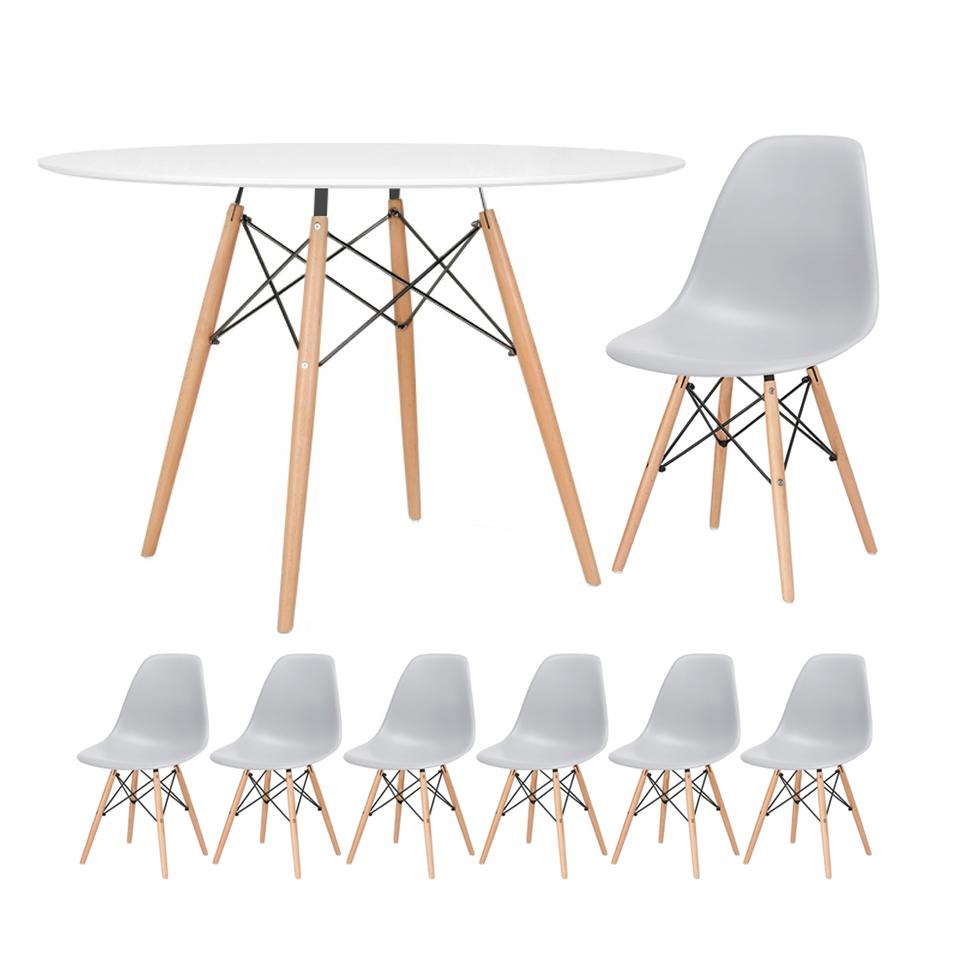 KIT - Mesa redonda Eames 120 cm branco + 6 cadeiras Eiffel DSW cinza claro