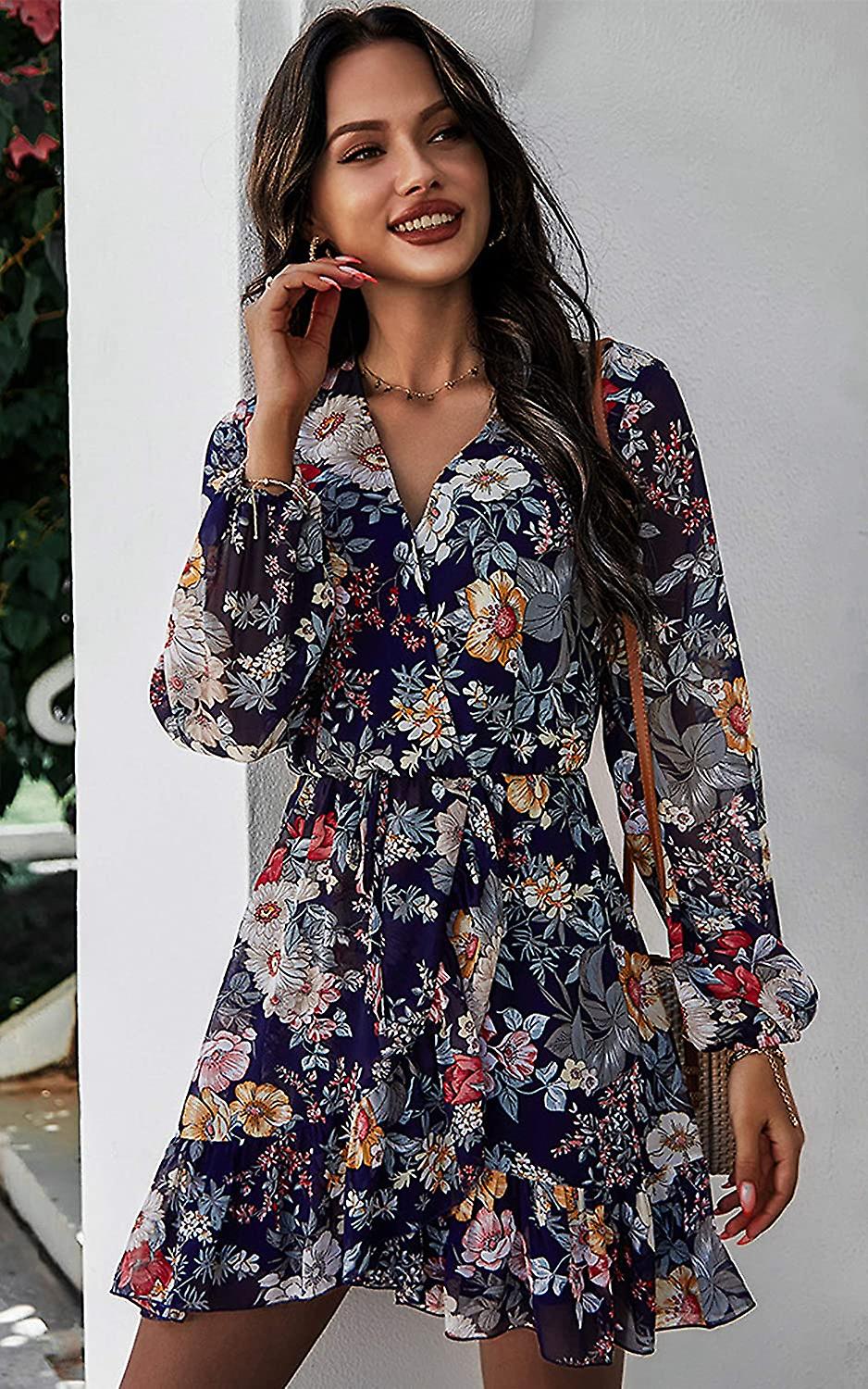 Vestido Casual Feminino Verão V-neck Long Sleeve Ruffles Elast