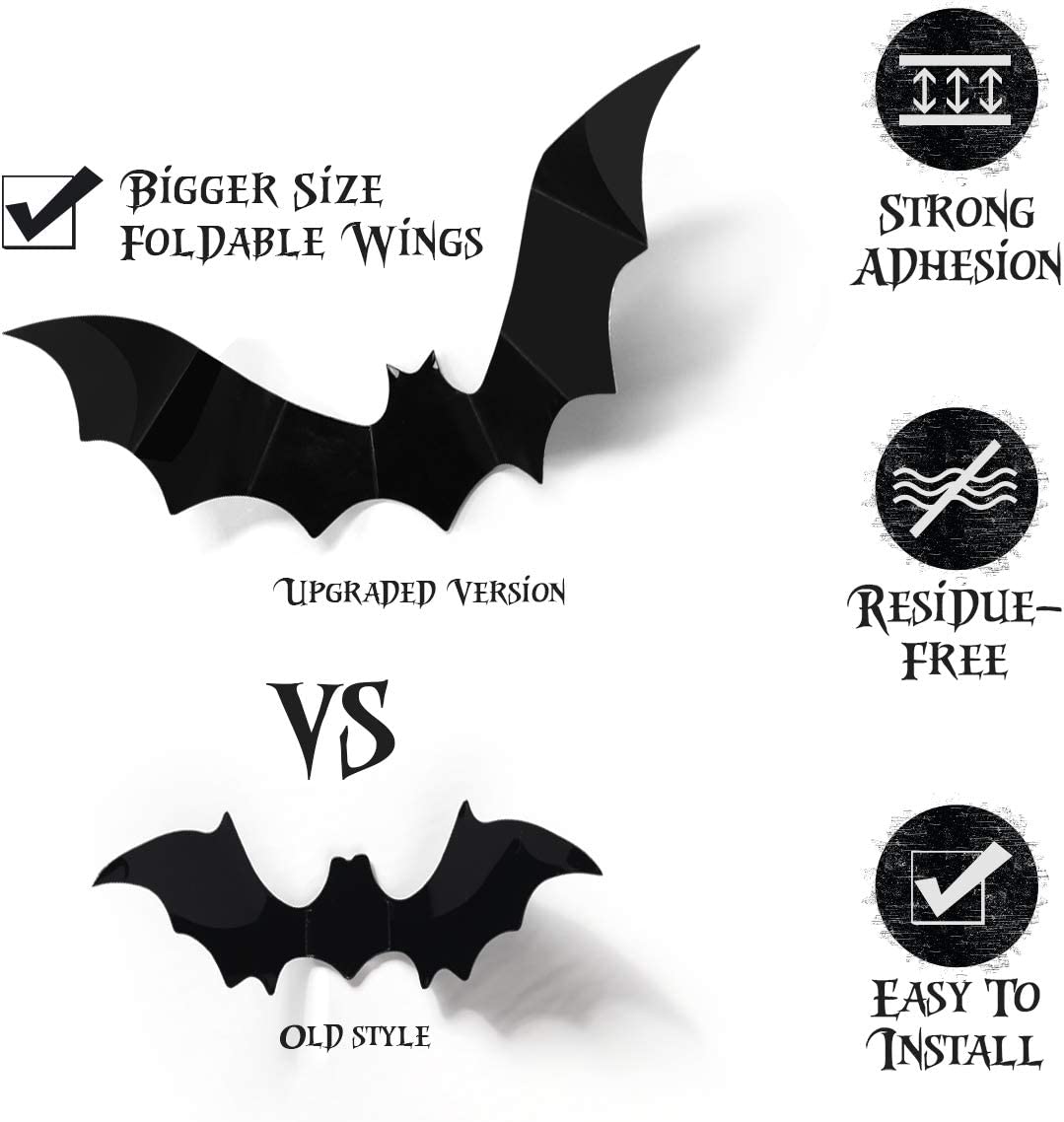 Halloween 3d Bats Decoração, 60pcs 4 Tamanhos Realista Pvc Sc