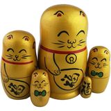 Conjunto De 5 Maneki Neko Lucky Cat Golden Madeira Rus Tradicional