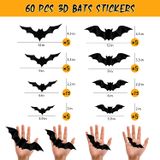 60pcs Halloween 3d Bats Decoração, 8 Tamanhos Diferentes Realis