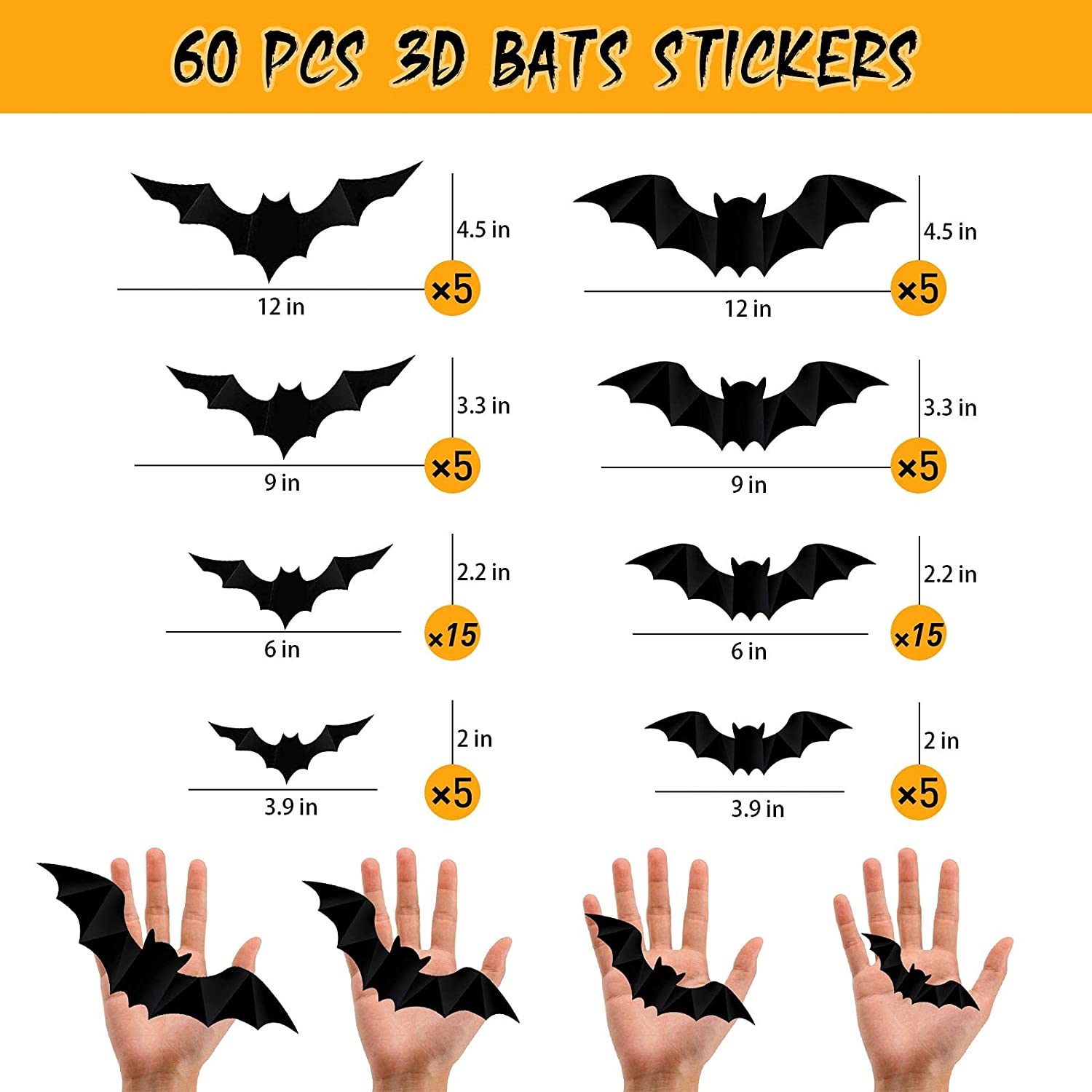 60pcs Halloween 3d Bats Decoração, 8 Tamanhos Diferentes Realis