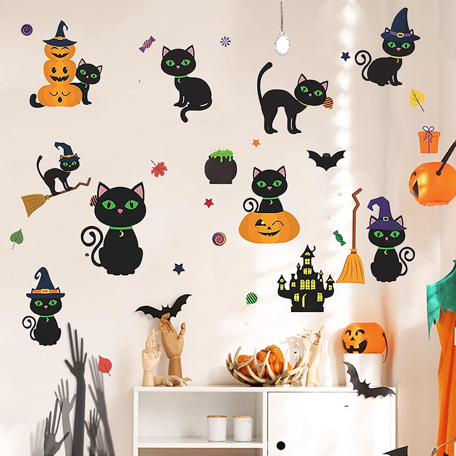 Halloween Wall Decalques Gatos Bonitos Abóbora Morcego Cemitério Castelo