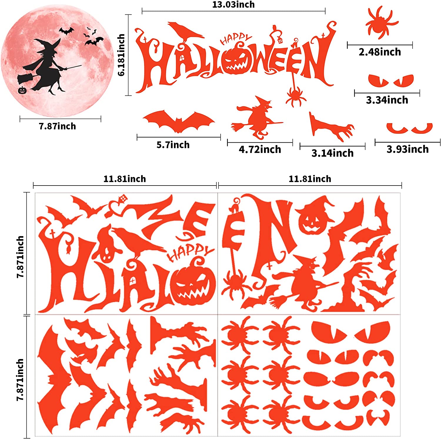 62 Pcs Halloween Glow Em The Dark Window Decalques-5 Folhas Hal