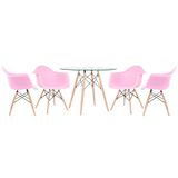 KIT - Mesa de vidro Eames 100 cm + 4 cadeiras Eiffel DAW rosa claro