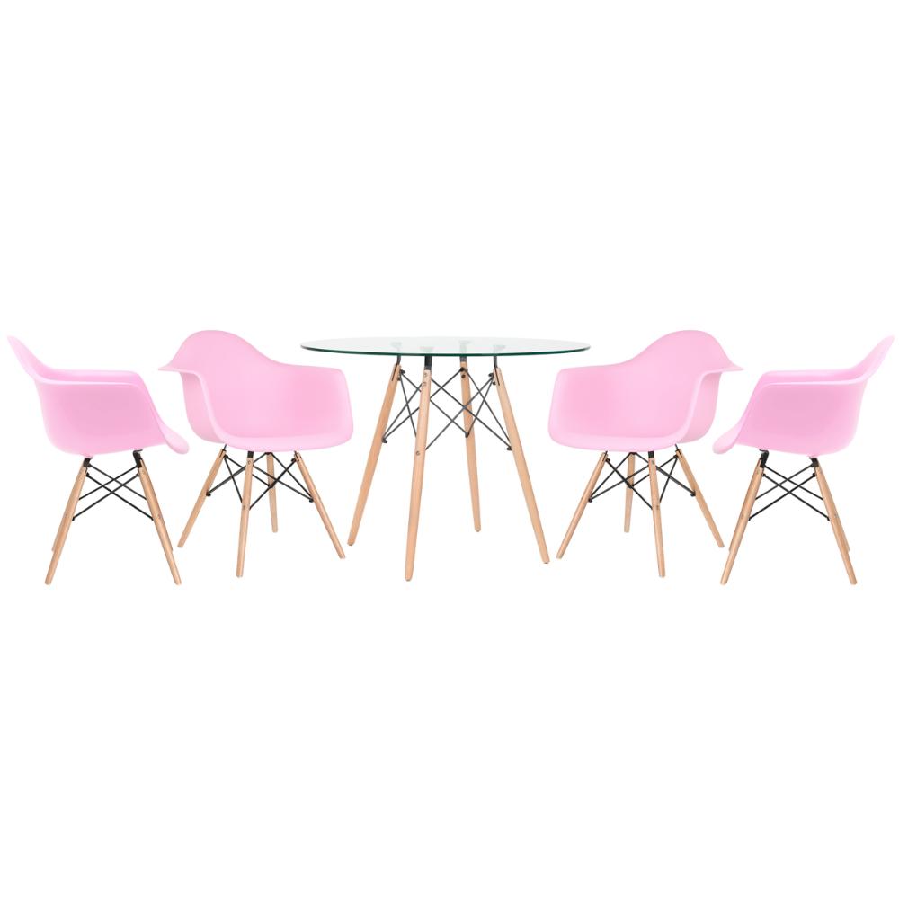 KIT - Mesa de vidro Eames 100 cm + 4 cadeiras Eiffel DAW rosa claro