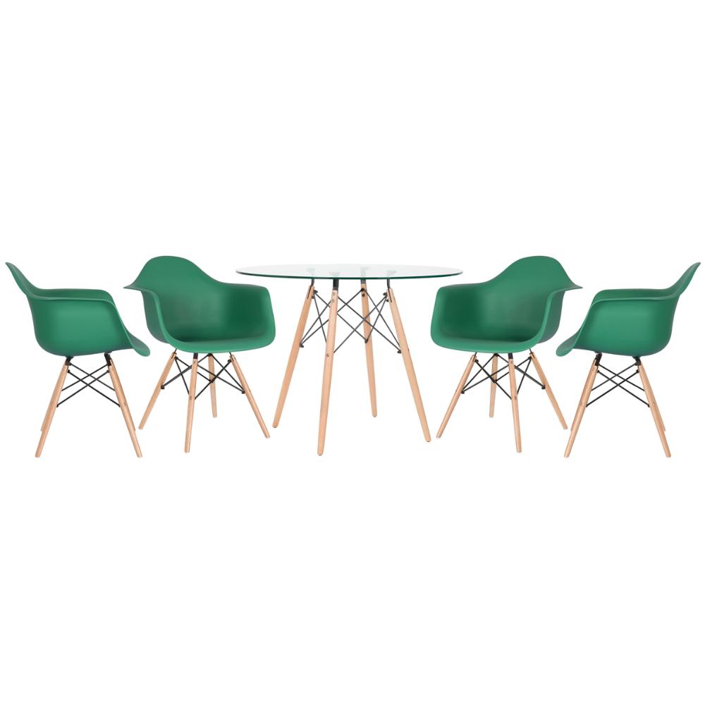 KIT - Mesa de vidro Eames 100 cm + 4 cadeiras Eiffel DAW verde escuro