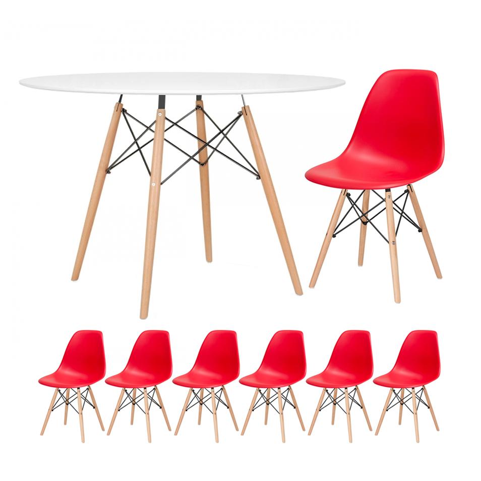 KIT - Mesa redonda Eames 120 cm branco + 6 cadeiras Eiffel DSW vermelho