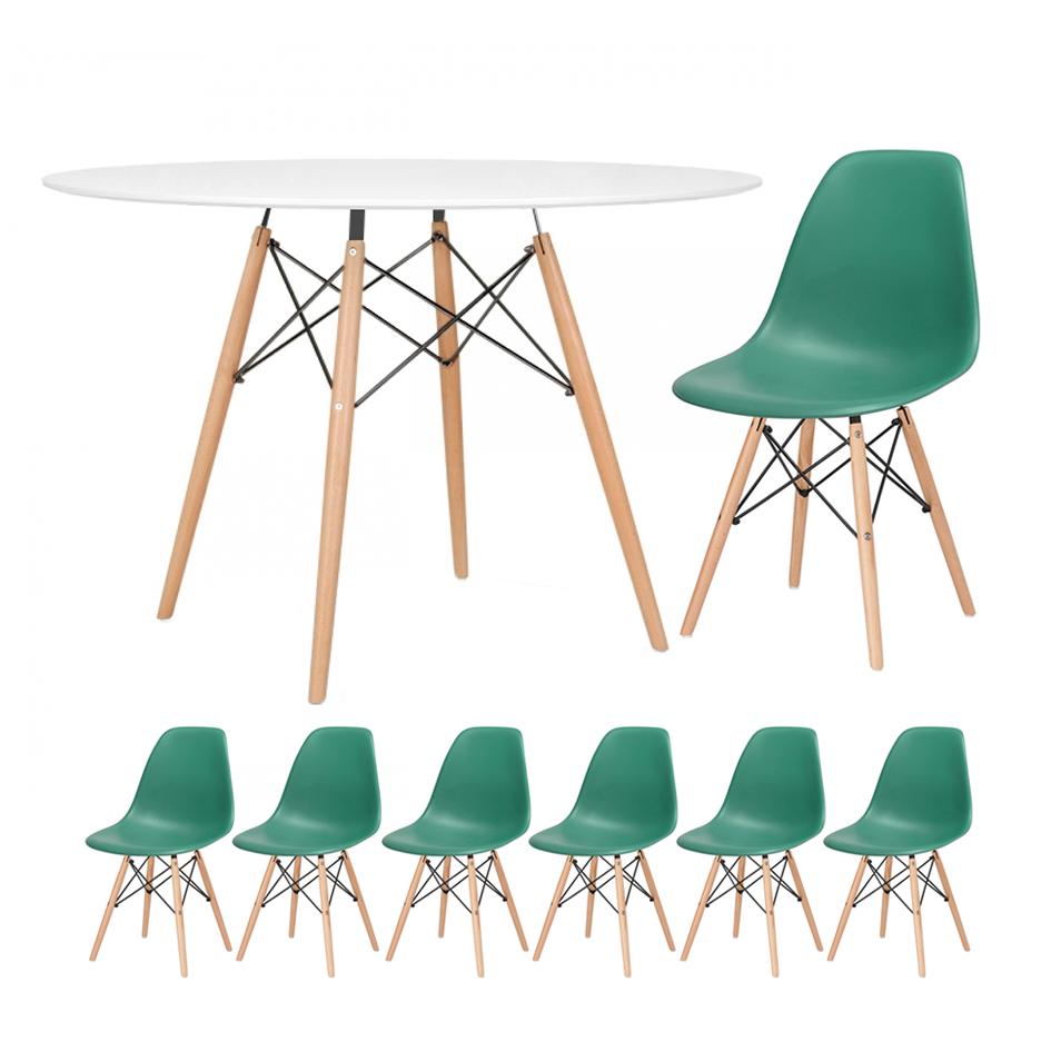 KIT - Mesa redonda Eames 120 cm branco + 6 cadeiras Eiffel DSW verde escuro