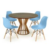 Conjunto Mesa De Jantar Redonda Cecília Amadeirada Natural 120cm Com 4 Cadeiras Eames Eiffel - Azul Claro