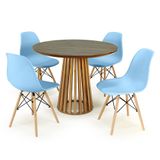 Conjunto Mesa De Jantar Redonda Luana Amadeirada Natural 100cm Com 4 Cadeiras Eames Eiffel - Azul Claro