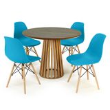 Conjunto Mesa De Jantar Redonda Luana Amadeirada Natural 100cm Com 4 Cadeiras Eames Eiffel - Turquesa