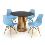 Conjunto Mesa De Jantar Redonda Luana Amadeirada Preta 100cm Com 4 Cadeiras Eames Eiffel - Azul Claro